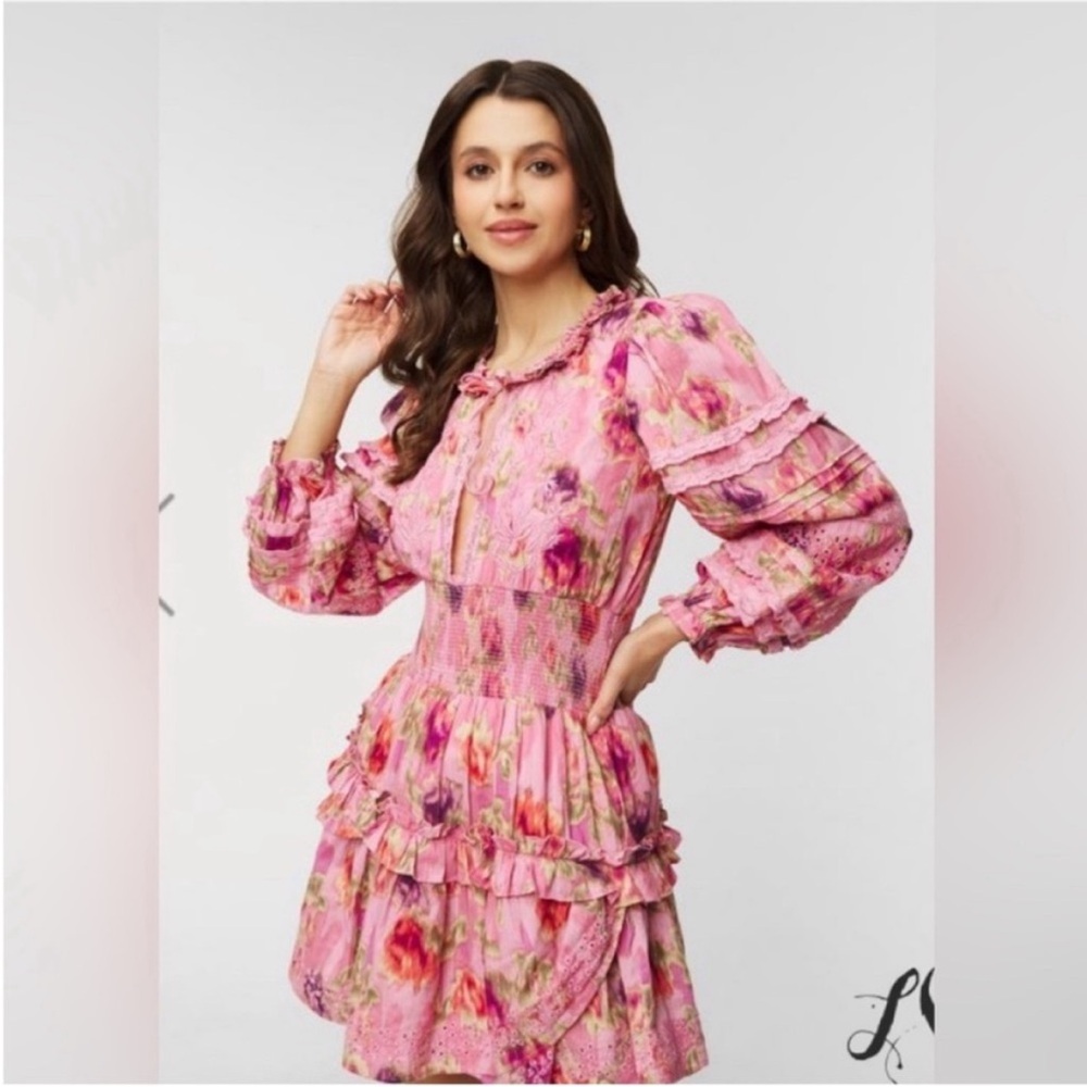 LoveShackFancy Pink Floral Tiered Midi Dress